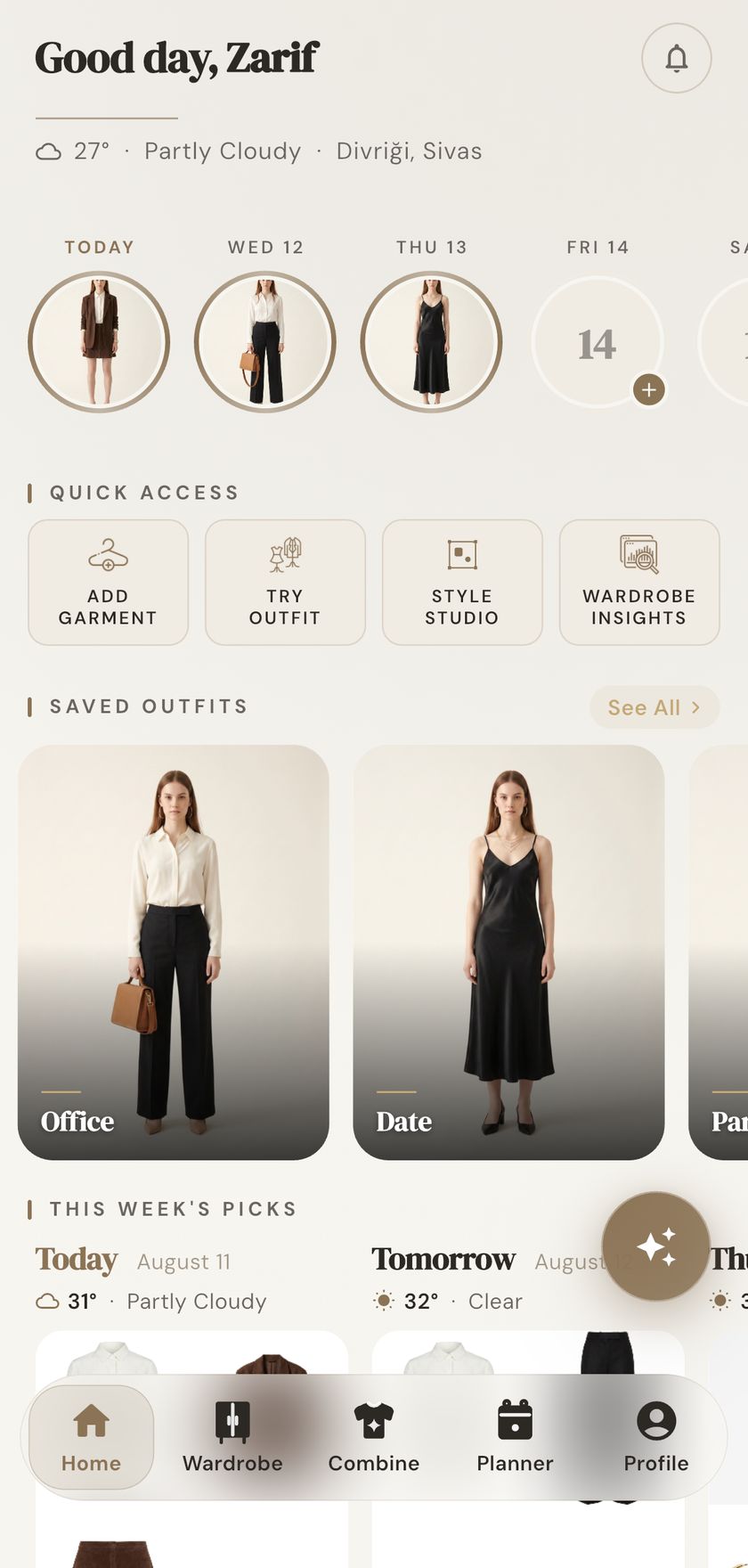 Vidrobe home screen — daily outfit plan