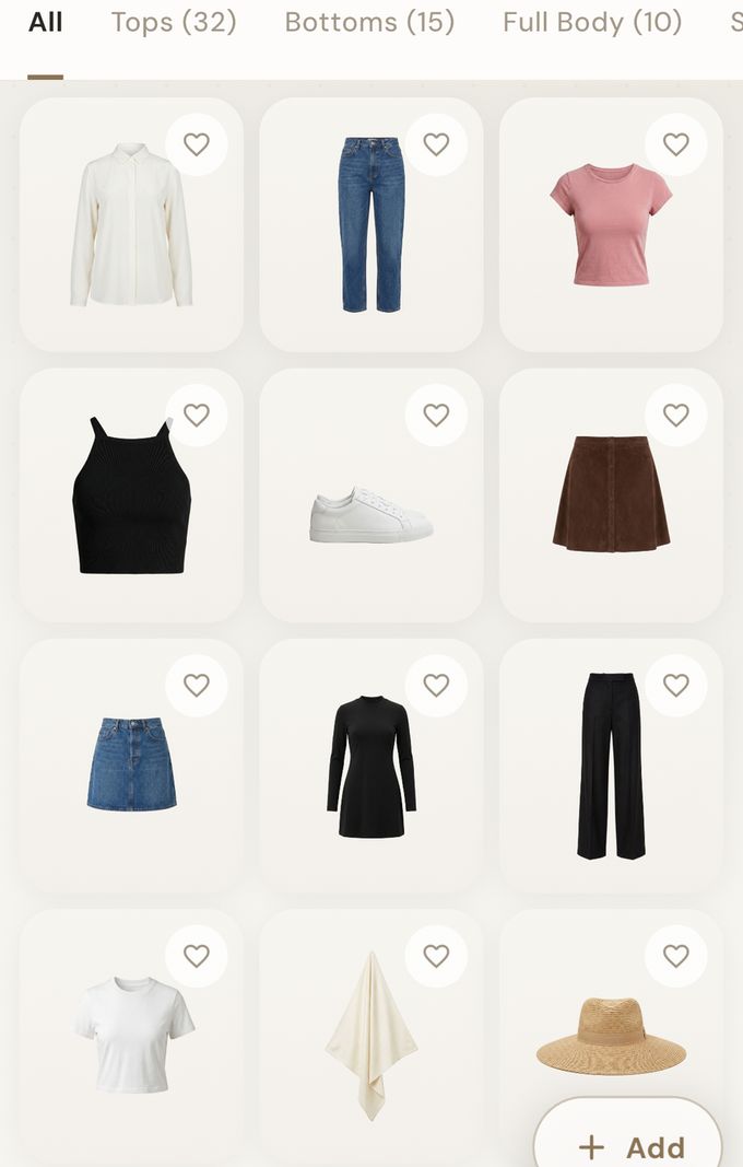 Wardrobe grid: shirt, jeans, tee, camisole, sneakers, skirts, dress, trousers, scarf, hat